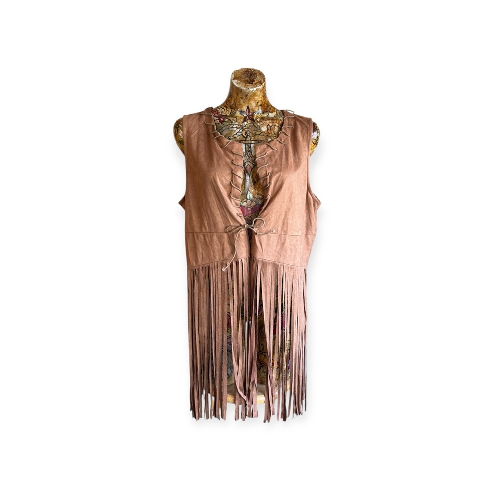 HOTOUCH vest Fringe Boho Retro tie front sleeveless XL brown